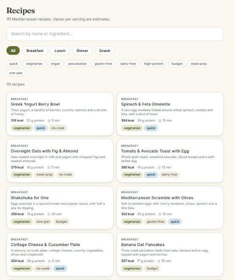 The recipe library with filters